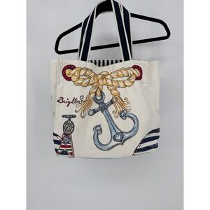 Brighton Nautical Canvas Tote Bag Anchor Sailboat Beach Scene Cream‎ Navy